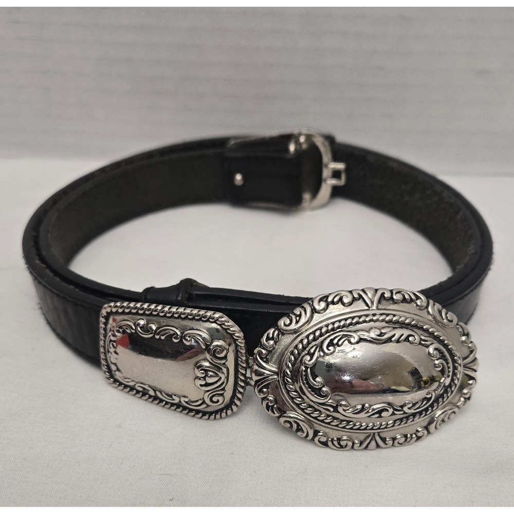 Chico's Black Leather Southwestern Western Style Adjustable Belt-Silver Engraved